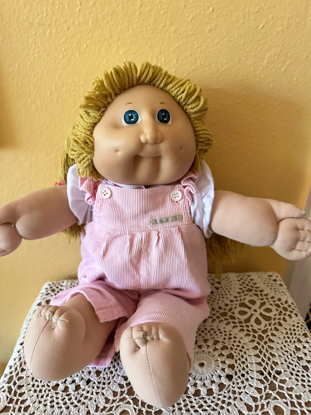 1980’s Cabbage Patch Blonde Yarn-Hair Doll in Pink Overalls